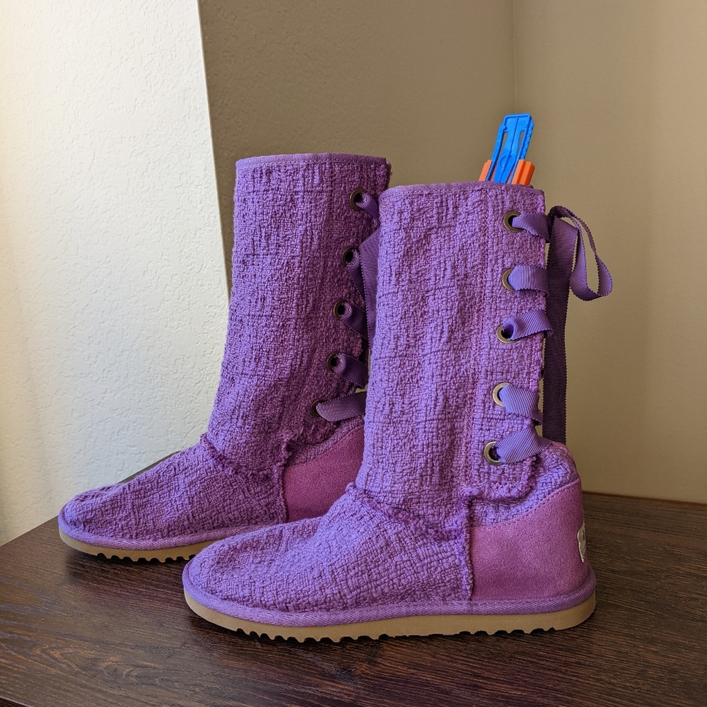 UGG Heirloom Woven Suede Leather Lace Up Shearling Boots Shoes